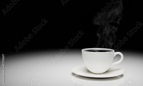 Black coffee or espresso in a white coffee mug with a saucer. There is smoke or steam rising. hot coffee on white table as it reflects and black background. 3D rendering