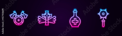 Set line Medieval shield with axe, Christian cross, Bottle potion and chained mace ball. Glowing neon icon. Vector