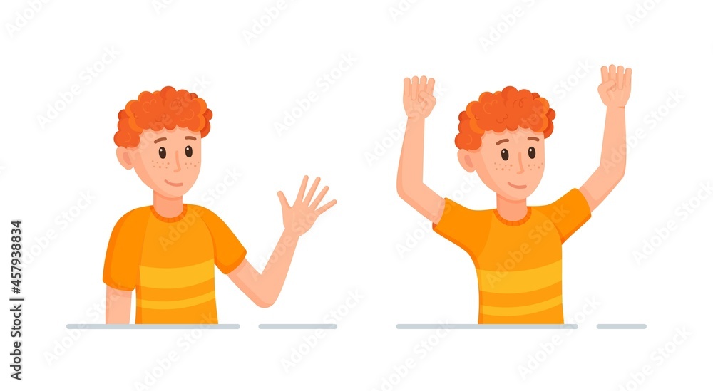 Vector illustration of the composition of the emotional pose of the character. A guy with red hair is smiling and actively rejoicing, gesturing his emotions. Vector illustration of the composition of the emotional pose of the character. A guy with red hair is smiling and actively rejoicing, gesturing his emotions.