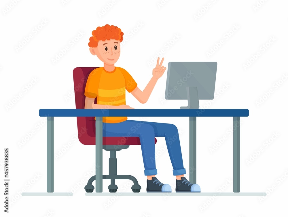 Vector illustration of character at table. Internet Education. Welcomes the teacher during a virtual online lesson during an epidemic. Student listening to a lecture. 