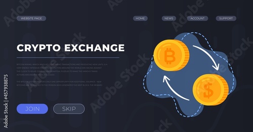 Vector illustration of crypto exchange banner. The concept of exchanging bitcoin for real money. Site for transferring or withdrawing money. 