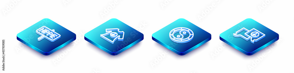 Set Isometric line Peace, dress print stamp, Yin Yang symbol and Speech bubble chat icon. Vector