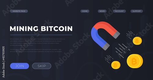 Vector illustration of mining presentation. Magnet banner attracting coins. Bitcoin, small, black