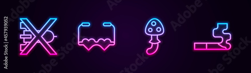 Set line No war, Heart shaped love glasses, Psilocybin mushroom and Cigarette. Glowing neon icon. Vector