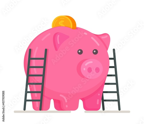 Piggy bank with coin vector illustration. Icon of saving or saving money, investments. Icon piggy bank in flat style, isolated from the background.