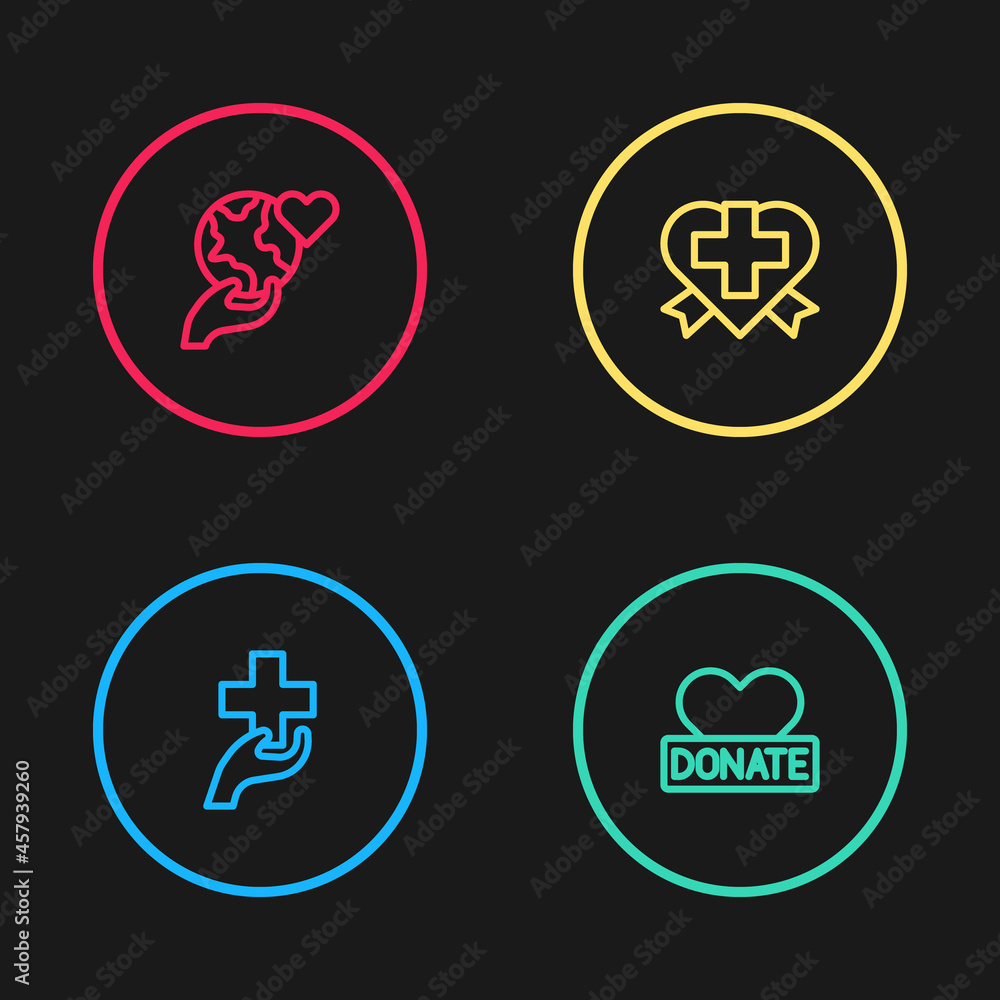 Set line Heart with cross, Donation and charity, and Hand holding Earth globe icon. Vector Set line Heart with cross, Donation and charity, and Hand holding Earth globe icon. Vector