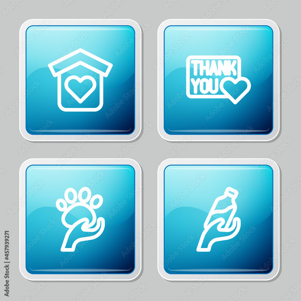 Set line Shelter for homeless, Thank you with heart, Animal volunteer and Donation water icon. Vector Set line Shelter for homeless, Thank you with heart, Animal volunteer and Donation water icon. Vector