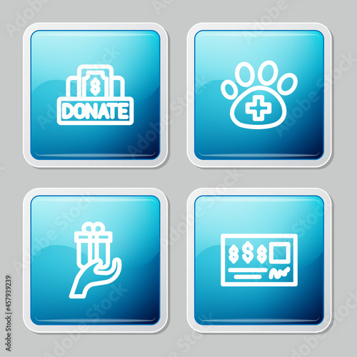 Set line Donation and charity, Veterinary clinic, Give gift and Bank check icon. Vector