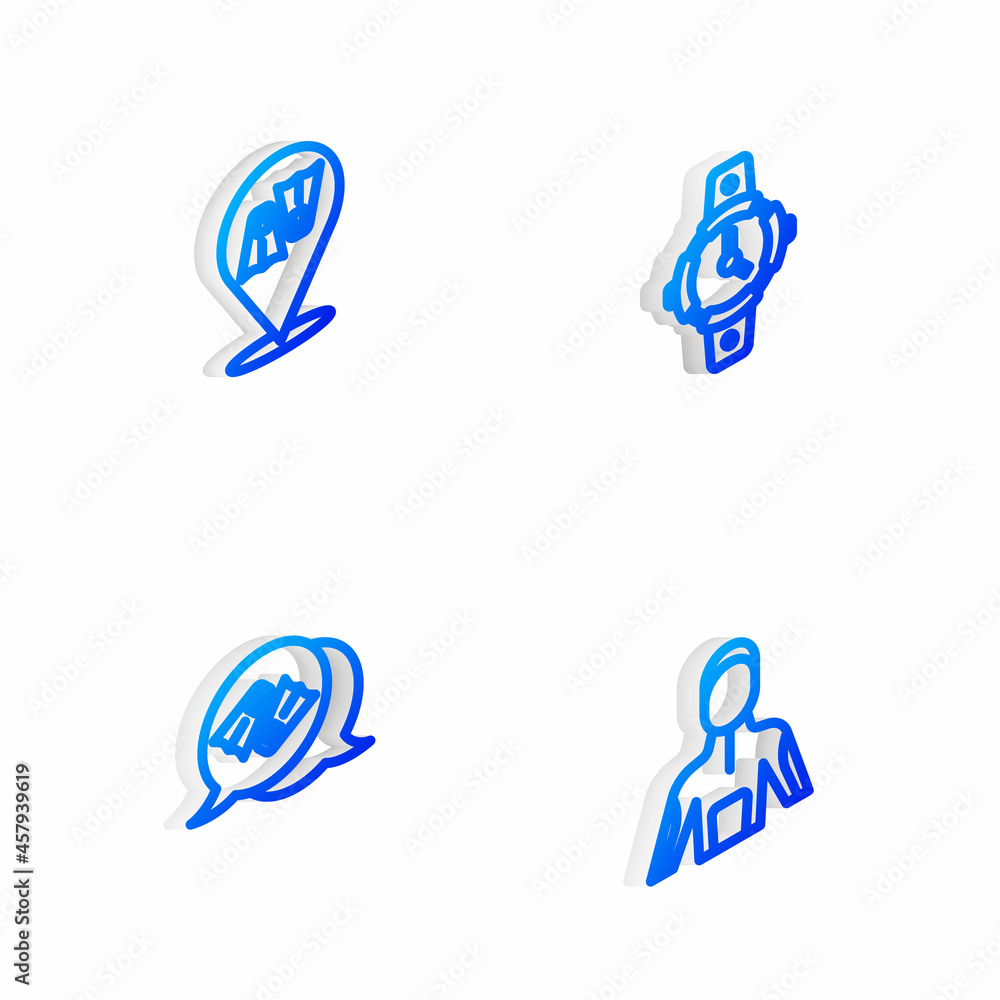Set Isometric line Diving watch, Flippers for swimming, and Wetsuit scuba diving icon. Vector Set Isometric line Diving watch, Flippers for swimming, and Wetsuit scuba diving icon. Vector