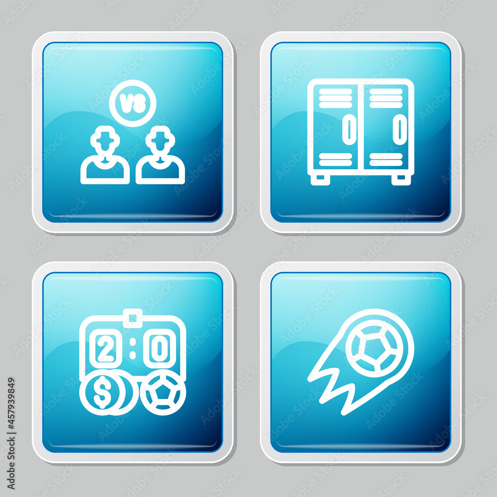 Set line Football or soccer player, Locker changing room, betting money and Soccer football icon. Vector Set line Football or soccer player, Locker changing room, betting money and Soccer football icon. Vector
