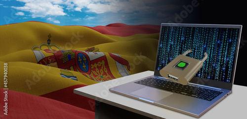Waving national flag of the Spain. Concept for information technology and data security safety to prevent cyber attack. Internet and network security.