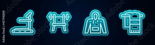 Set line Treadmill machine, Bench with barbell, Hoodie and Towel on hanger. Glowing neon icon. Vector