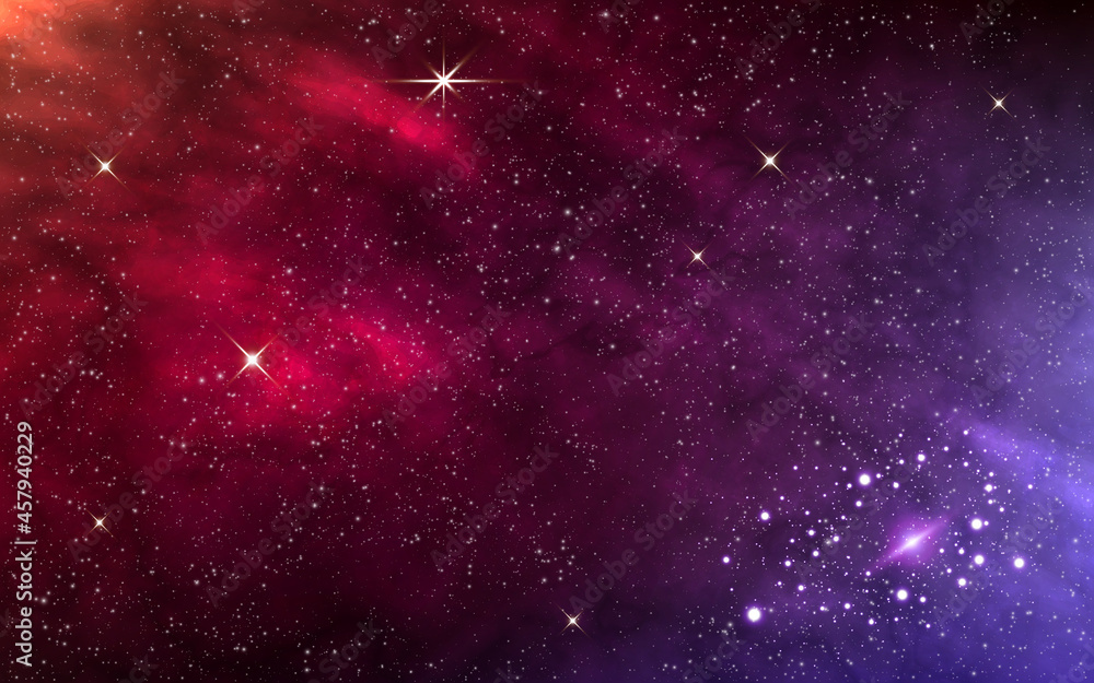 Space background. Realistic universe with spiral galaxy. Bright color nebula. Color cosmos with planet and stars. Purple starry texture. Magic milky way. Vector illustration