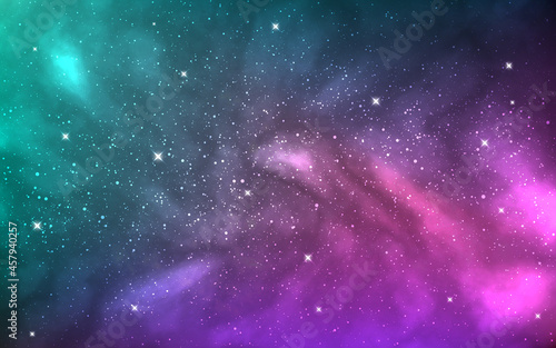 Cosmos texture. Colorful galaxy with bright stars. Space background with glowing stardust. Cosmic fantasy with color clouds. Deep cosmos wallpaper. Vector illustration