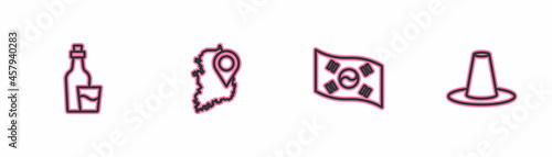 Set line Soju bottle, South Korea flag, map and Korean hat icon. Vector