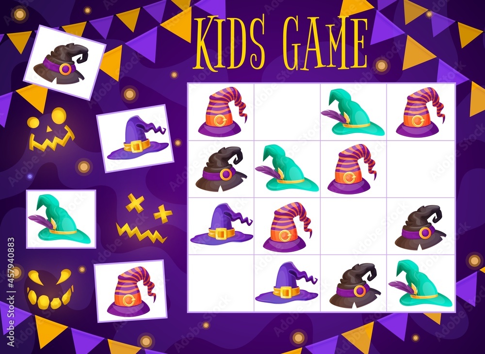 Halloween kids maze game wizard and witch hats sudoku riddle for children activity. Vector school, kindergarten educational task how many magician caps on chequered board. Cartoon boardgame worksheet