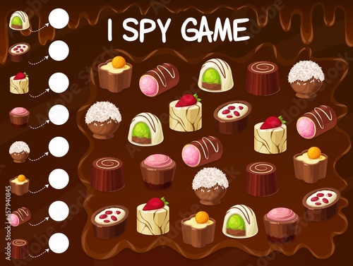 Chocolate truffle, roasted nuts candy, praline sweets kids spy game. Vector educational puzzle, how many sweet desserts task for baby numeracy and attention skills development, cartoon riddle page