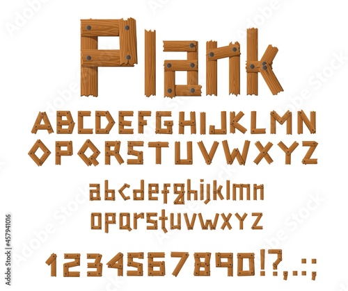 Wooden planks font letters, digits and symbols, vector cartoon type alphabet. Wood bars font of timber planks with nails or bolts, rustic broken wood alphabet signs and numbers typography set