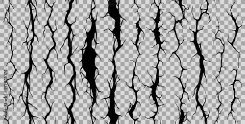 Seamless broken wall crack, cleft and crackles. Vector earthquake cracking holes, realistic 3d ruined surface. Destruction, damage fissure effect after disaster isolated on transparent background