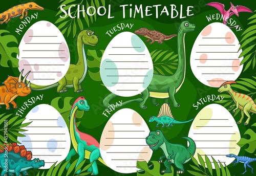Kids education timetable schedule, cartoon dinosaurs and tropical leaves, vector school weekly planner. Timetable schedule with Jurassic t-rex tyrannosaurus, pterodactyl dragon and lizards, week plan