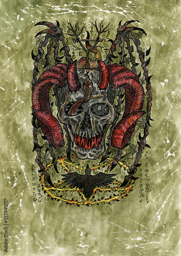 Grunge watercolor illustration of creepy skull of devil or demon with horns, wings and crow.