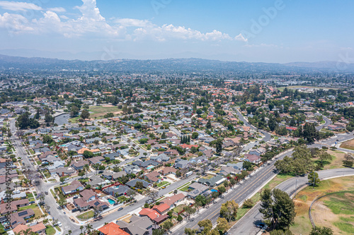 Aerial view of a southern California neighborhood next to a sports park. photo