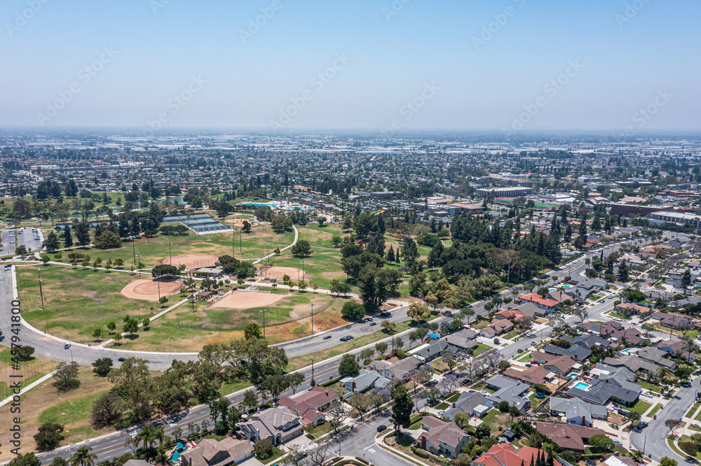 Aerial view of sports park in suburban California neighborhood.