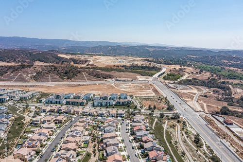 Aerial view of suburban master planned community in southern California.