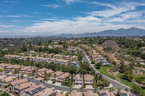 Aerial view of master planned homes in the hills of Orange County California.