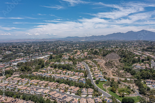 Aerial view of master planned homes in the hills of Orange County California.