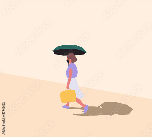Woman with face mask holding sunshade umbrella under strong sunlight walking on street. Urban life concept, town street, walking outdoors, cartoon style vector illustration.