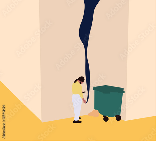 Smoking people. Woman smoking cigarette on street near garbage cartoon vector. Offensive or abusive behavior, domination and assault. Isolated flat cartoon illustration