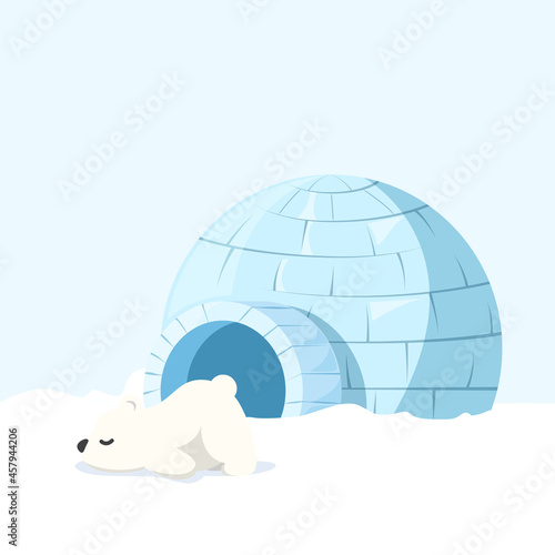 Vector illustration of Igloo on snow ground with baby polar bear. Ice dwelling of the Eskimos.