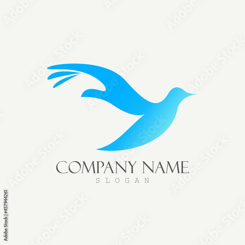 Dove bird logo creative design template color flat with hand illustration as a wing