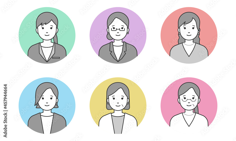 ビジネスウーマンのアイコンセット（線画カラフル）