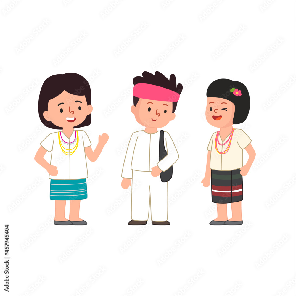 Traditional dress of Karen Tai Yai Lawa people living in Thailand Asia cute flat illustration Traditional dress of Karen Tai Yai Lawa people living in Thailand Asia cute flat illustration