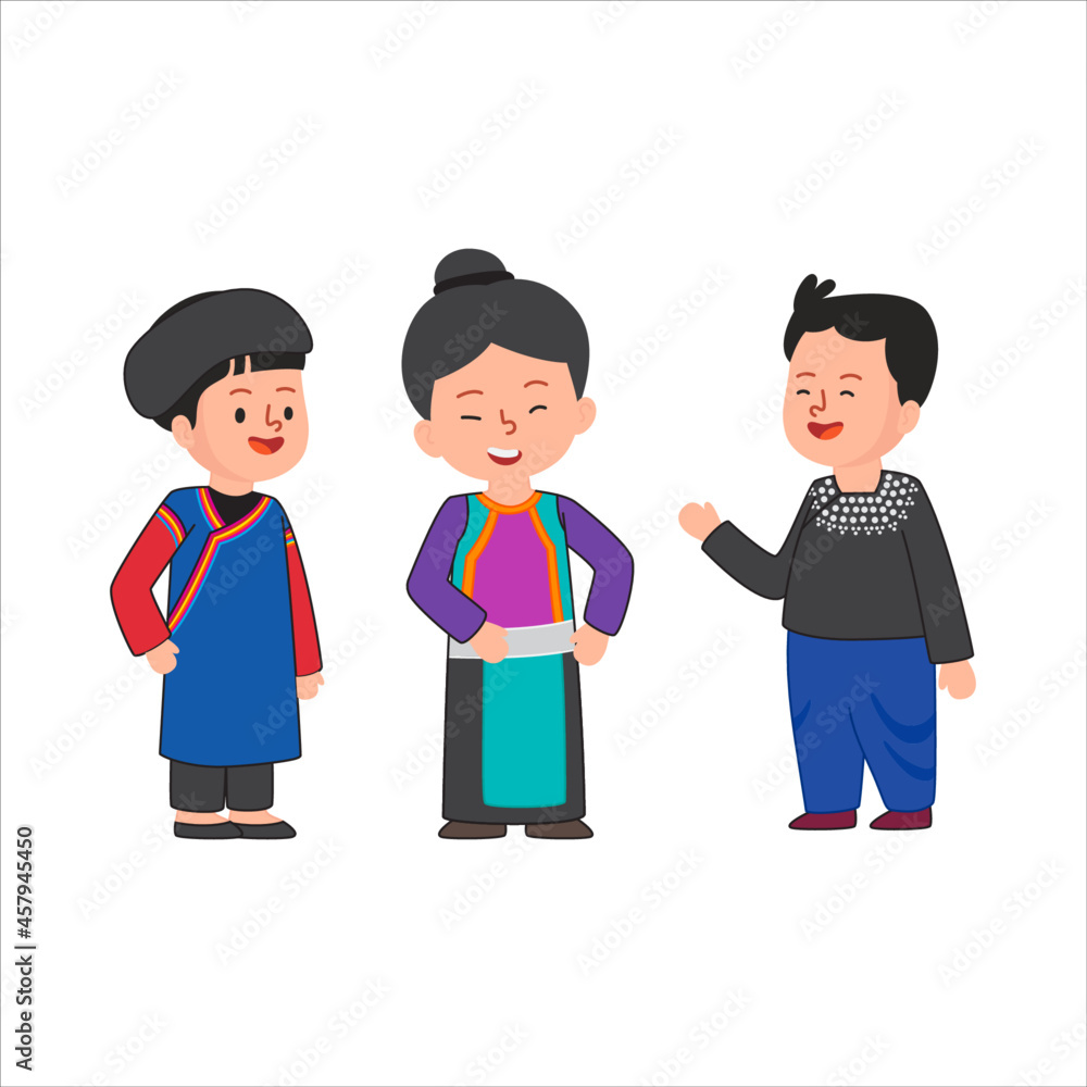 Traditional dress of Lisu Tibetan Burmese people living in Thailand Asia cute flat illustration Traditional dress of Lisu Tibetan Burmese people living in Thailand Asia cute flat illustration