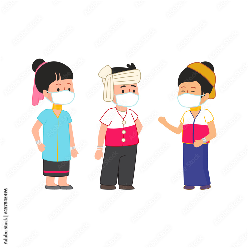 Traditional dress of Karen long neck people living in Thailand Myanmar Asia cute flat illustration wearing a mask Traditional dress of Karen long neck people living in Thailand Myanmar Asia cute flat illustration wearing a mask