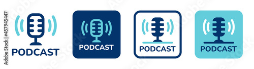 Podcast icons set. Studio table microphone with sound broadcast audio waves symbol sign