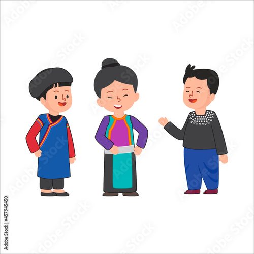 Traditional dress of Lisu Tibetan Burmese people living in Thailand Asia cute flat illustration