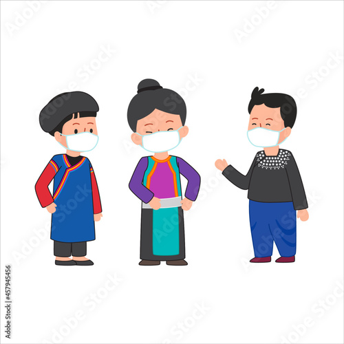 Traditional dress of Lisu Tibetan Burmese people living in Thailand Asia cute flat illustration wearing a mask