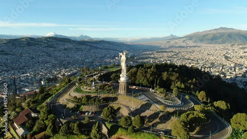 The Virgin of El Panecillo, famous landmark in Quito Ecuador, aerial view