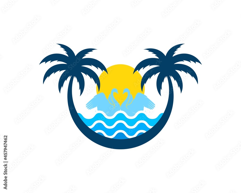 Circular palm tree with abstract beach wave and swan couple inside