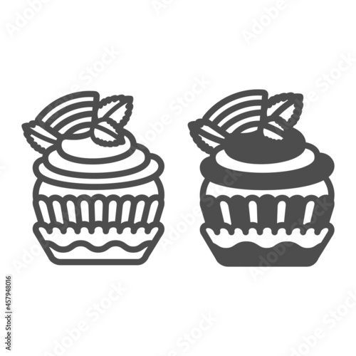 Cupcake with fruit jelly and mint line and solid icon, pastry concept, fruit jam muffin vector sign on white background, outline style icon for mobile concept and web design. Vector graphics.