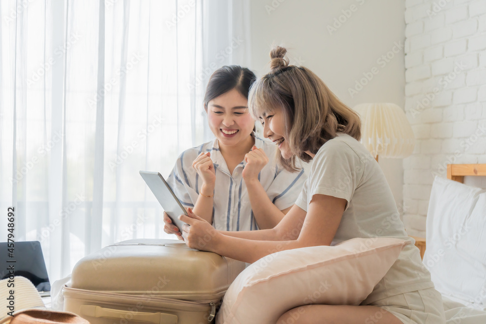 two young friends planing travel trip for summer vacation two young friends planing travel trip for summer vacation
