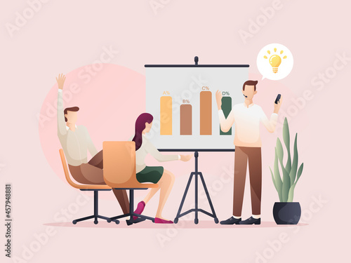 Men discussing with attendees listening. Flat design Illustration about the discussion.
