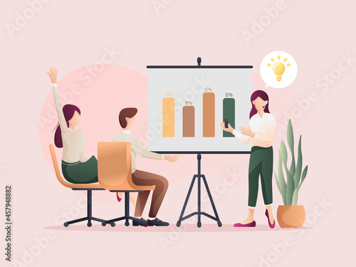 Women discussing with attendees listening. Flat design Illustration about the discussion.