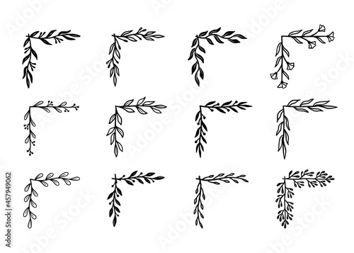 Corner flourish border set. Hand drawn doodle style corner with rustic floral element. Vector illustration border.