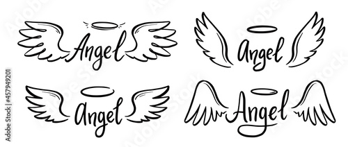 Angel wing with halo and angel lettering text set. Hand drawn line sketch style wing. Simple vector illustration.