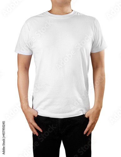 Front view of  white t-shirt on a young man isolated on white background